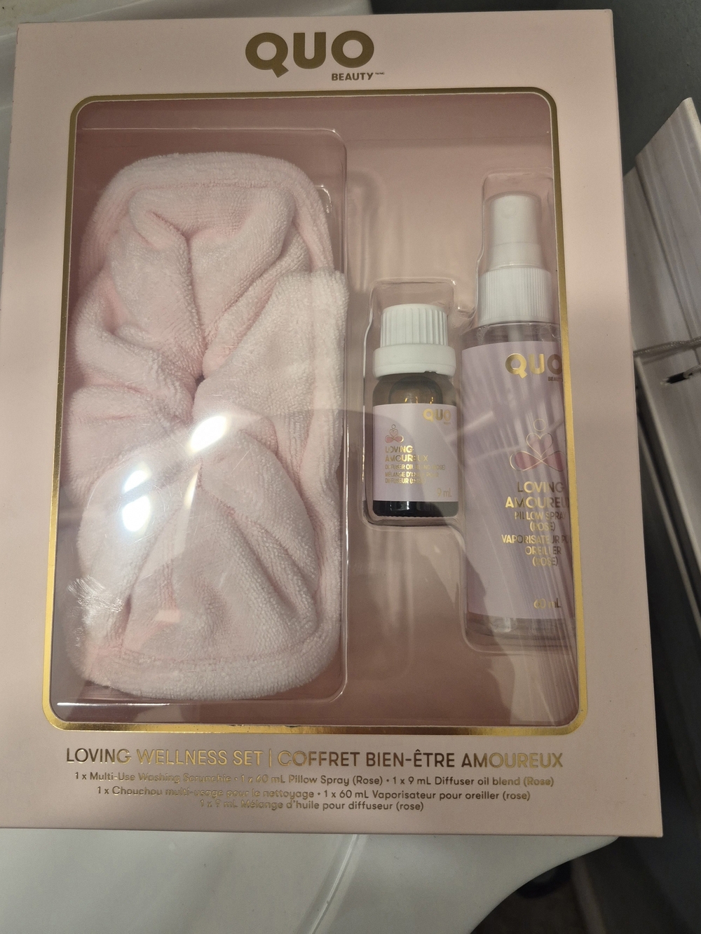 Quo Loving Wellness Set w/ Washing Scruncy, Pillow Spray & Diffuser Oil- Rose